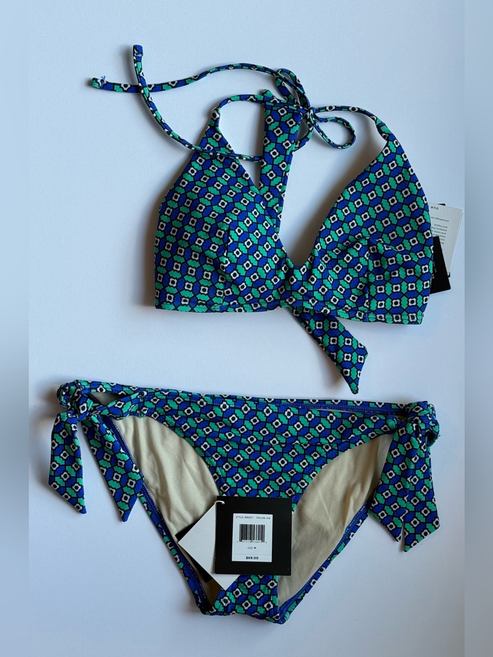 Echo Blue and Green Geometric Tie-Side Bikini Medium Med M $138 NWT